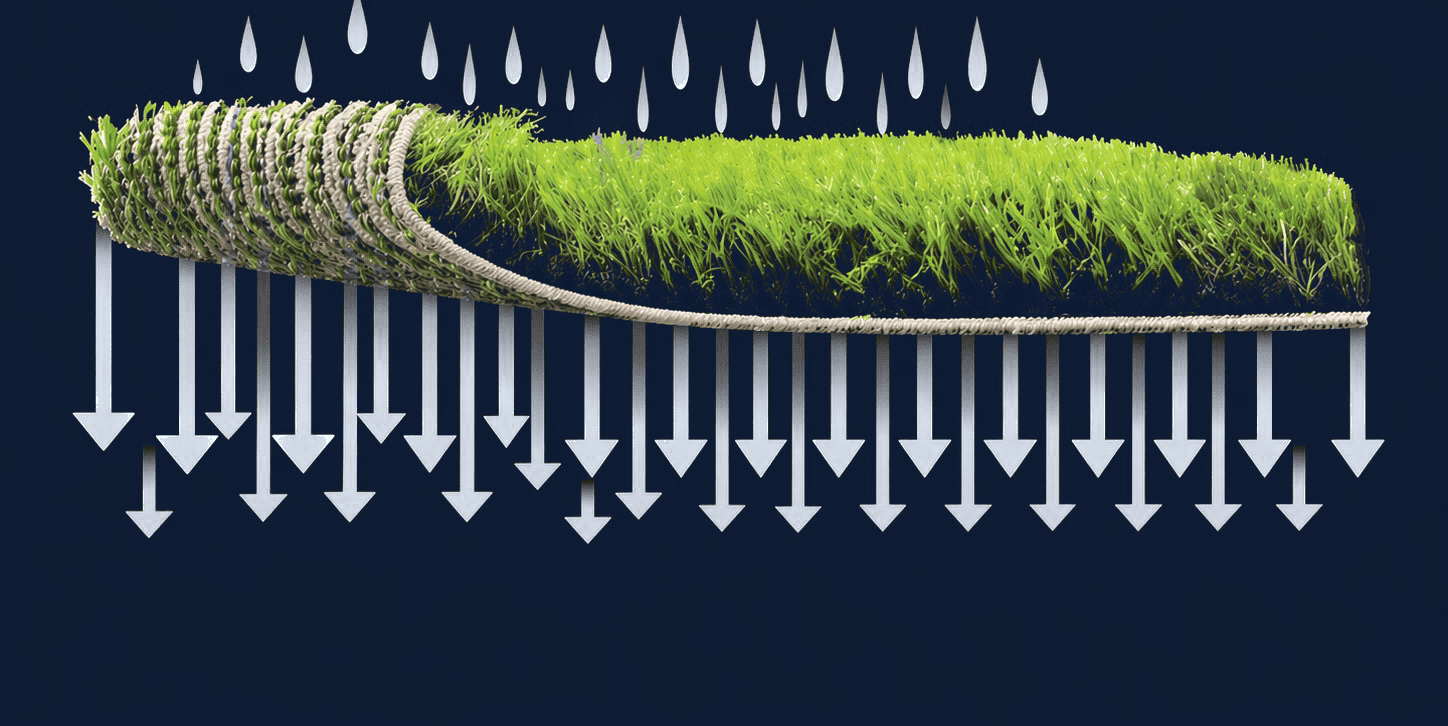 Cutaway of Flow-series turf showing rain draining straight through the permeable backing