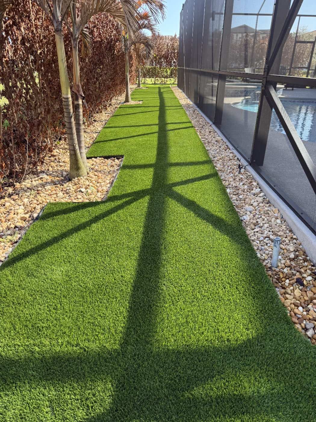 Turf side-yard path between a house and fence