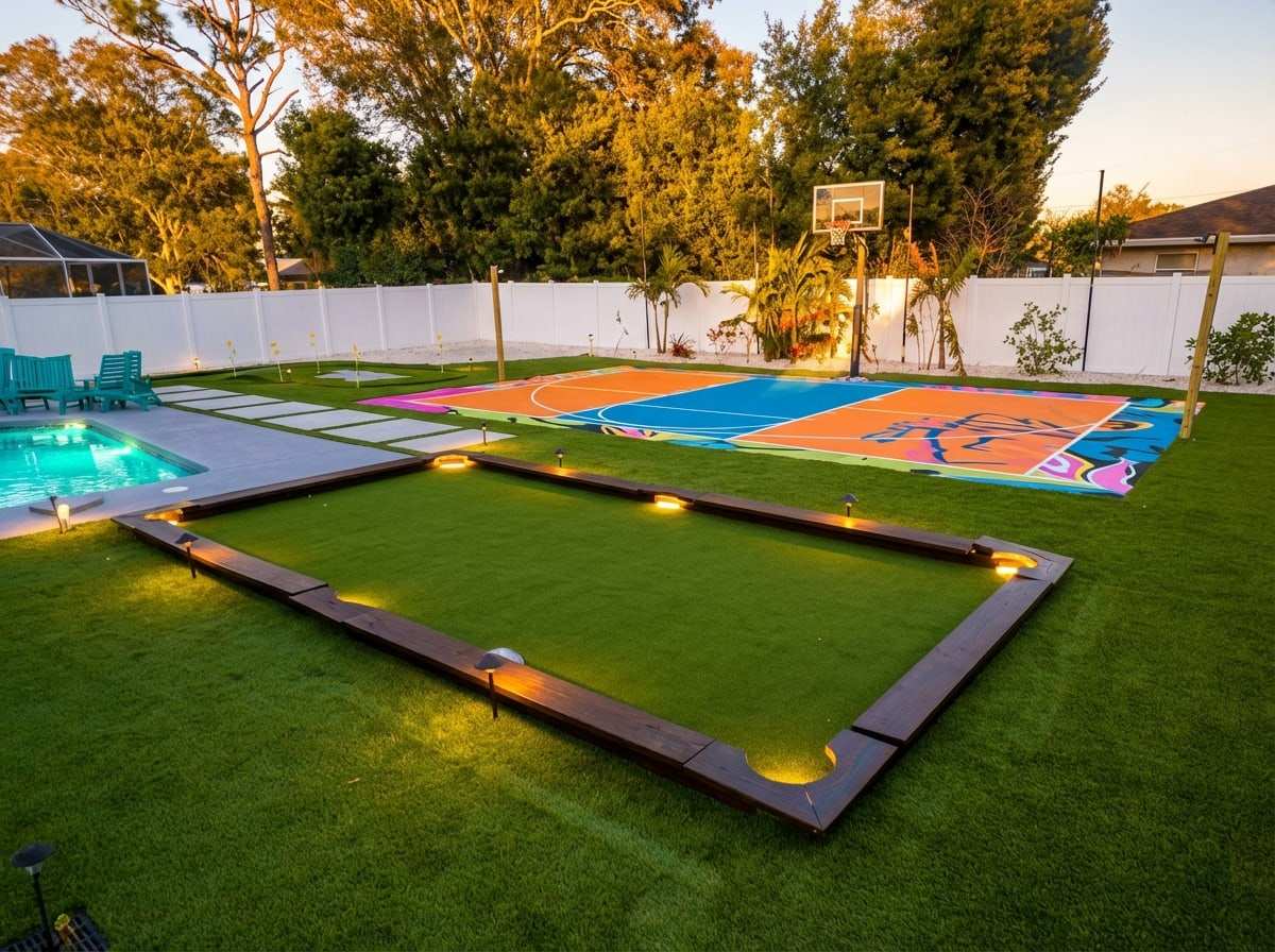 Lit turf billiards game beside a pool at dusk